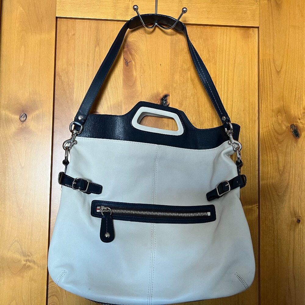 Coach M0873-13380 Ecru Leather Blue Double Handle Foldover Zipper Gusset Bag